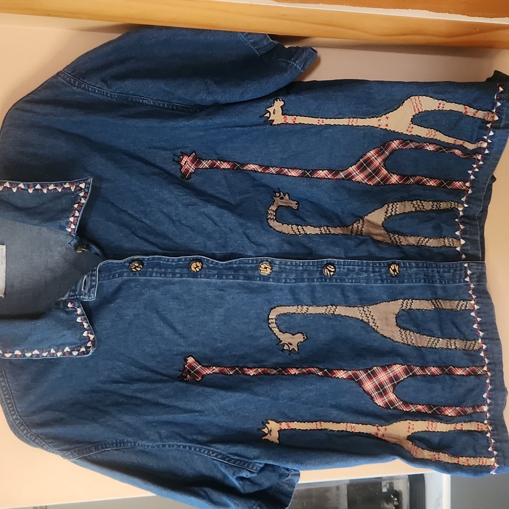 Vintage Dressbarn Woman Giraffe Button Down Cotton Denim Collared Shirt Size 3X